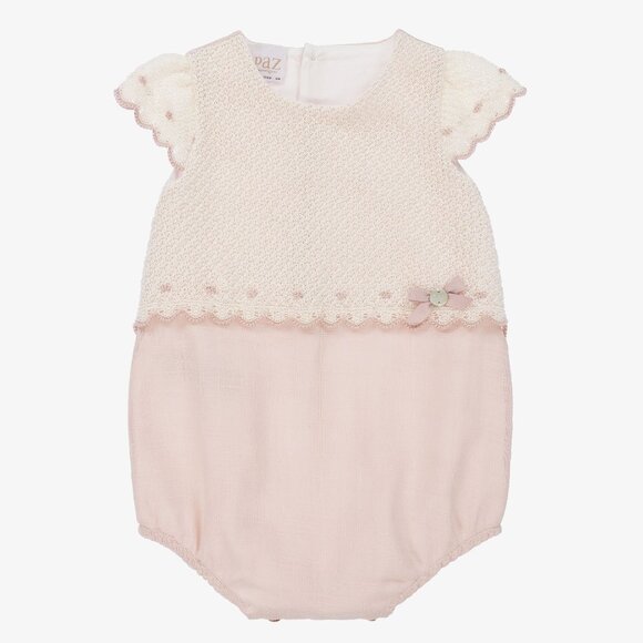 Paz Rodriguez NWT Knit & Linen Bubble Romper Beige & Ivory Made In Spain 6 Month - Picture 1 of 5